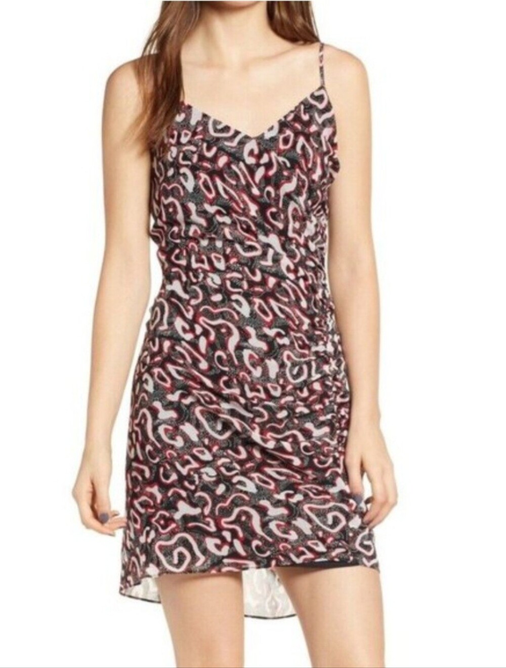 NWT REBECCA MINKOFF Black Red White Kinsley Printed Ruched Mini Dress | SZ 6